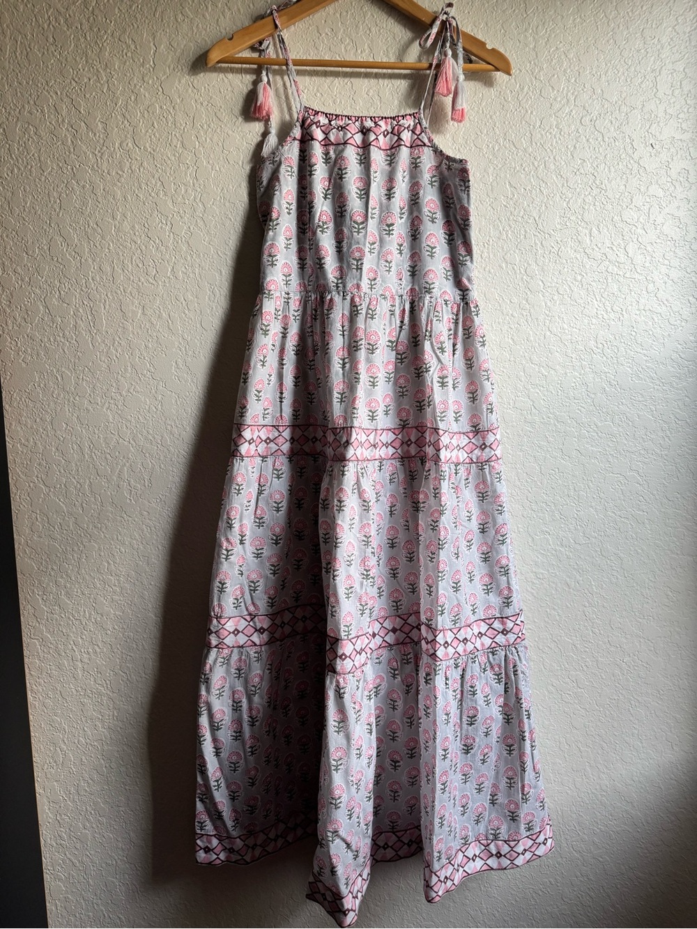 MAREA by Liz Joy Veranda Pink Cream Sage Floral Maxi Dress  Tassel Straps